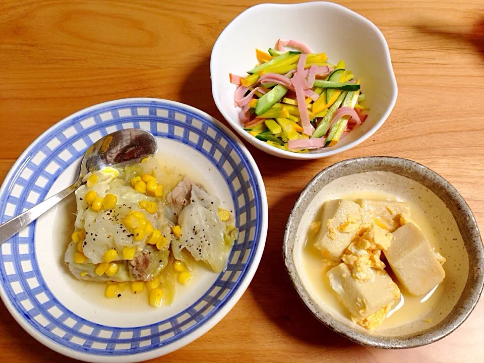 豚肉とキャベツの重ね蒸し⭐️高野豆腐の玉子とじ⭐️コリンキーのサラダ|ほなさん