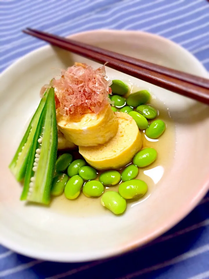 Snapdishの料理写真:シローさんの料理 浸し豆と出し巻き卵のおでん♪夏の終わり仕立て♪|るん♪さん