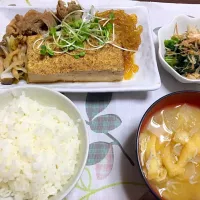 Snapdishの料理写真:肉豆腐とほうれん草のおひたし
大根と油揚げしらすのみそ汁🙇|莉菜さん