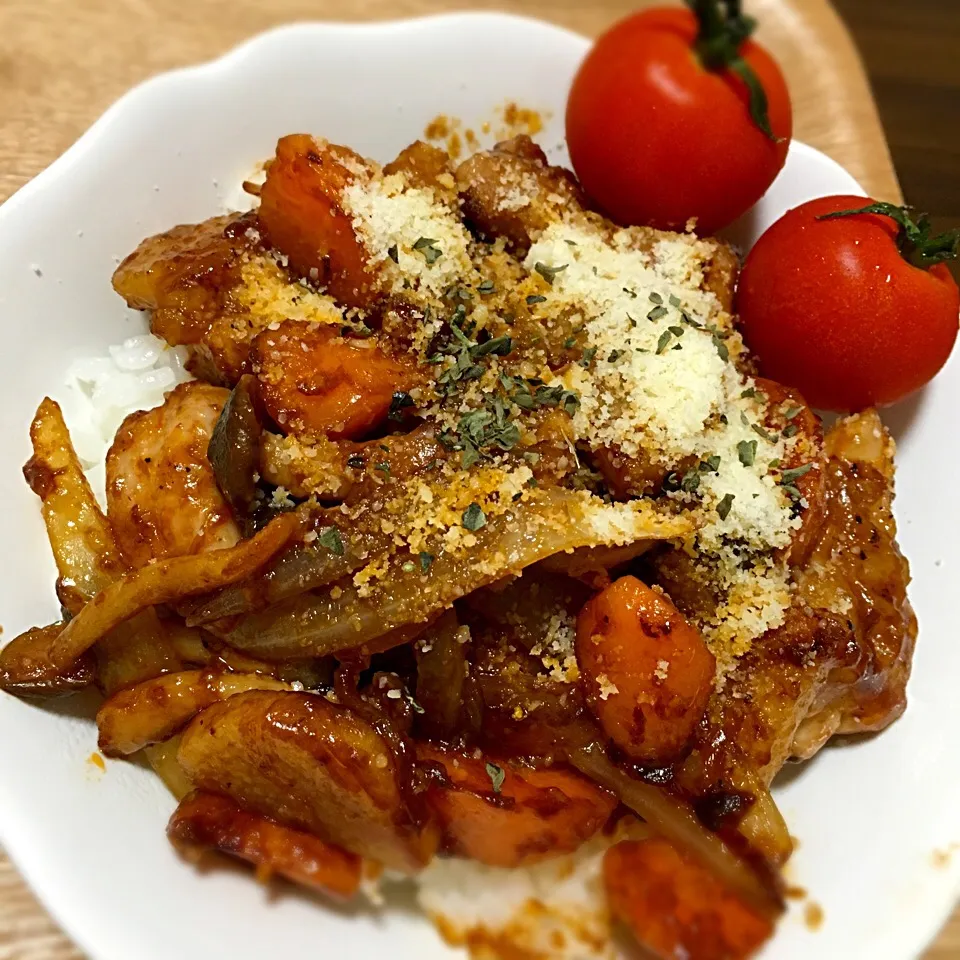 鶏肉と野菜のバルサミコパルメザンソース炒め|たまさん