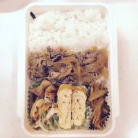 Snapdishの料理写真:9/9お弁当 牛丼、生姜焼き、しらす入り卵焼き、カレー風味のきんぴら|きささん