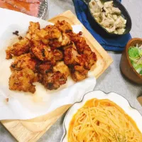 Snapdishの料理写真:唐揚げ、パスタ、ローストビーフ、アヒージョ|UEMさん