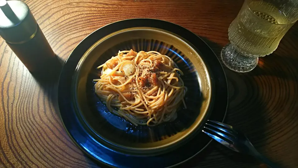 Spaghetti  alla carbonara romano
【ローマの炭火職人風パスタ】
スパゲッティー･カルボナーラ･ロマーノを自家製パンチェッタ(生ベーコン)で。|KimaLABOさん