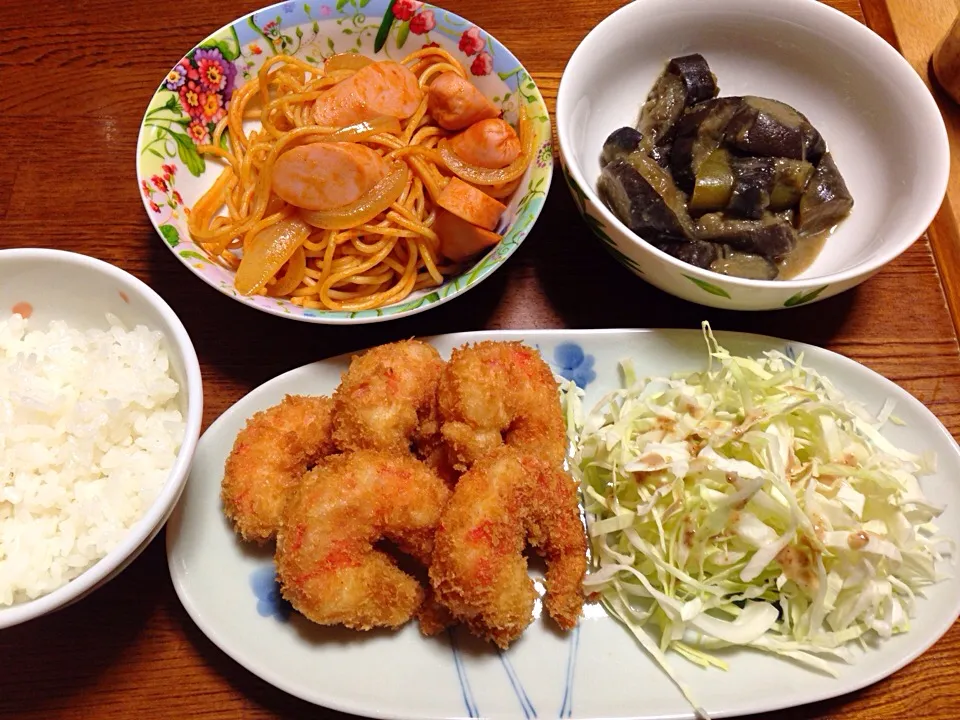 海老フライ⭐️茄子の味噌煮⭐️ナポリタン|ほなさん