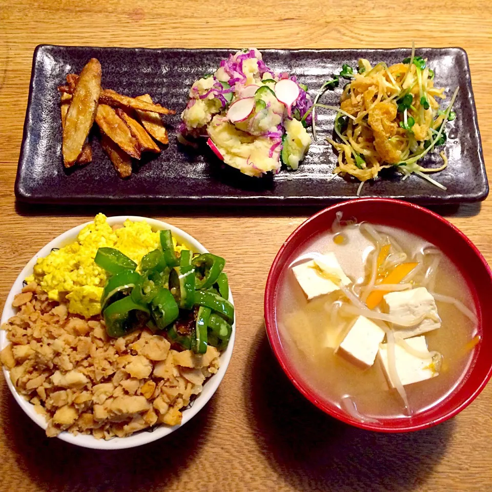 vegan
三色丼
ゴボウの唐揚げ ポテトサラダ 切り干し大根サラダ|makiko_aさん