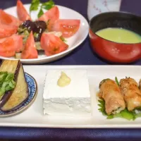 茄子とトマトのマリネ
焼き茄子
ゴボウ豚肉巻き 大葉添え
アボカドスープ
冷やし豆腐|shiosaanさん