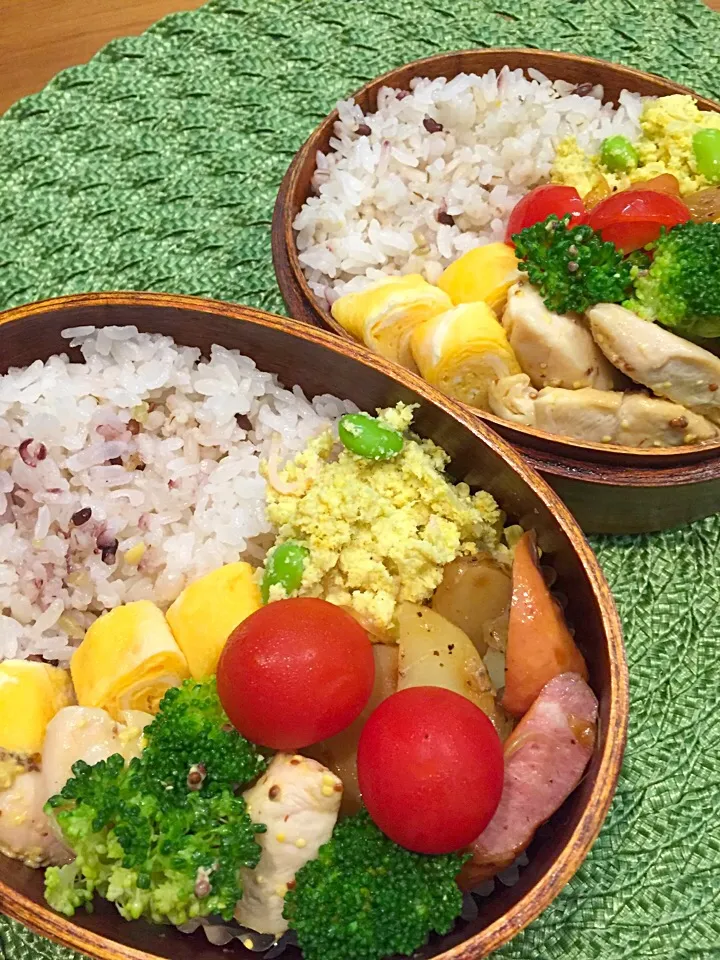 ふたり弁当

雑穀ご飯
卵焼き
おからのカレー味サラダ
ソーセージジャーマンポテト風
ささみとブロッコリーの
       はちみつマスタードソテー
ミニトマト|ひななぎさん