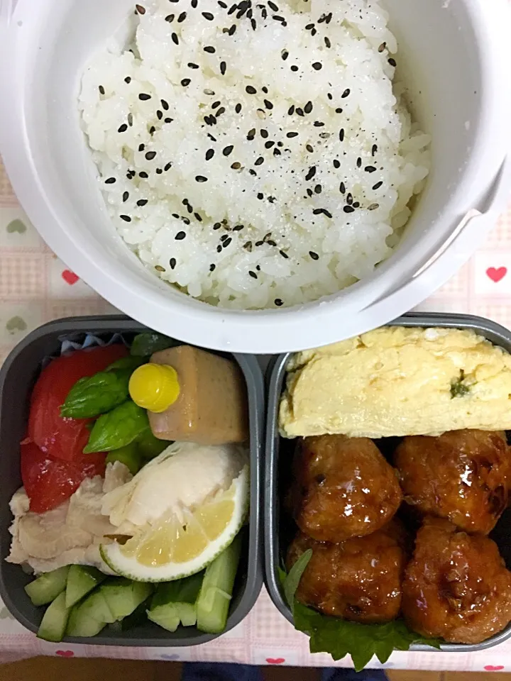 Snapdishの料理写真:9月13日息子弁当
肉団子 出し巻き卵
棒棒鶏  アスパラガス トマト|オリーブさん