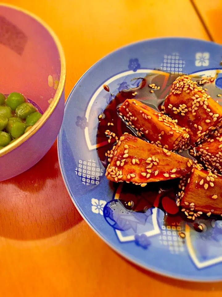 Snapdishの料理写真:大学芋  白胡麻がけ  エンドウ豆の煮物|ch＊K*∀o(^^*)♪さん