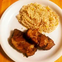 Snapdishの料理写真:Garlic studded herb crusted pork, with Israeli couscous primavera.|Arpan Duttaさん