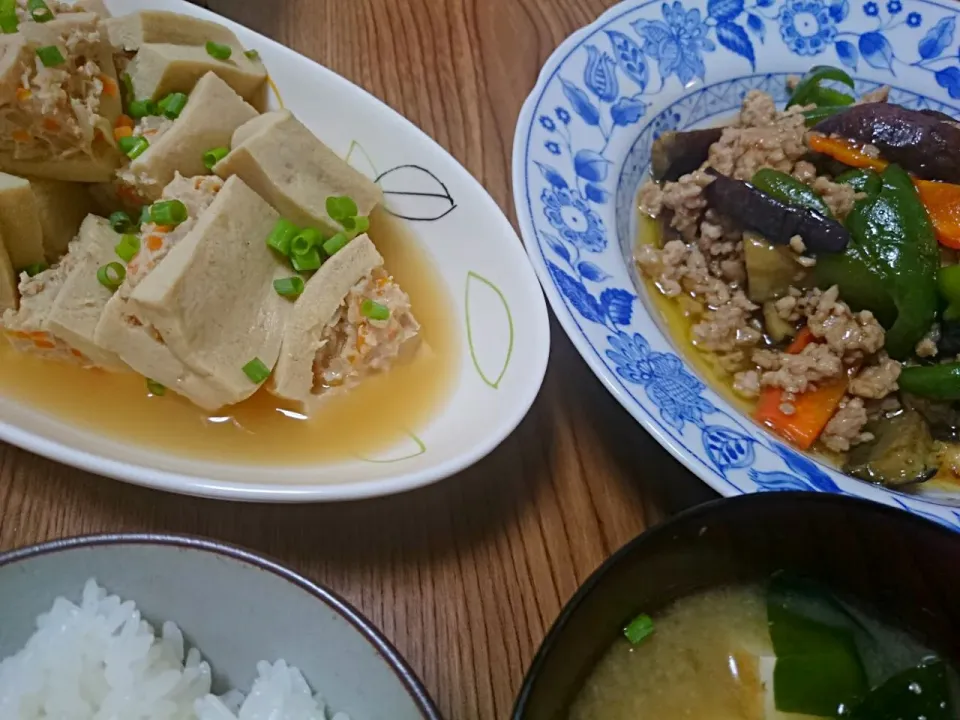 ・高野豆腐の肉詰め煮
・茄子とひき肉の炒めもの
・厚揚げとワカメの味噌汁|ようかんさん