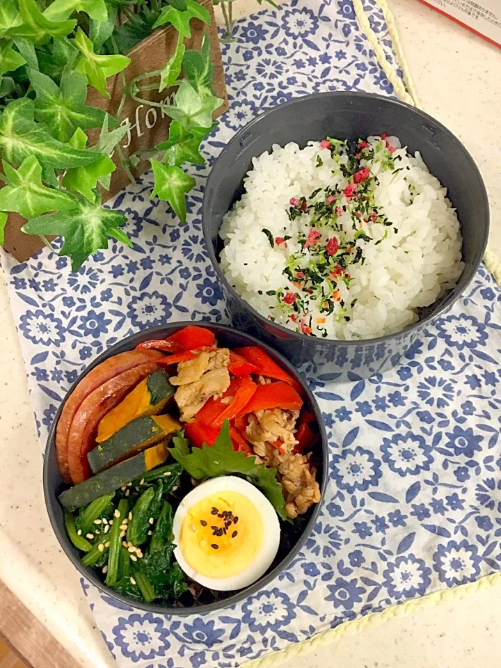 Snapdishの料理写真:高校男子弁当🍱
✴︎豚肉と赤ピーマンの醤油炒め
✴︎小松菜おひたし
✴︎ゆで卵
✴︎かぼちゃグリル焼き|emisanさん