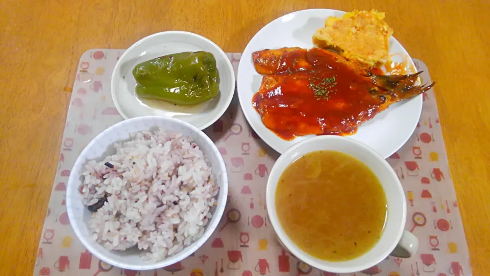 ９月６日　鰯のケチャップ炒め　高野豆腐のチーズ焼き　ピーマンのマリネ　玉ねぎスープ|いもこ。さん