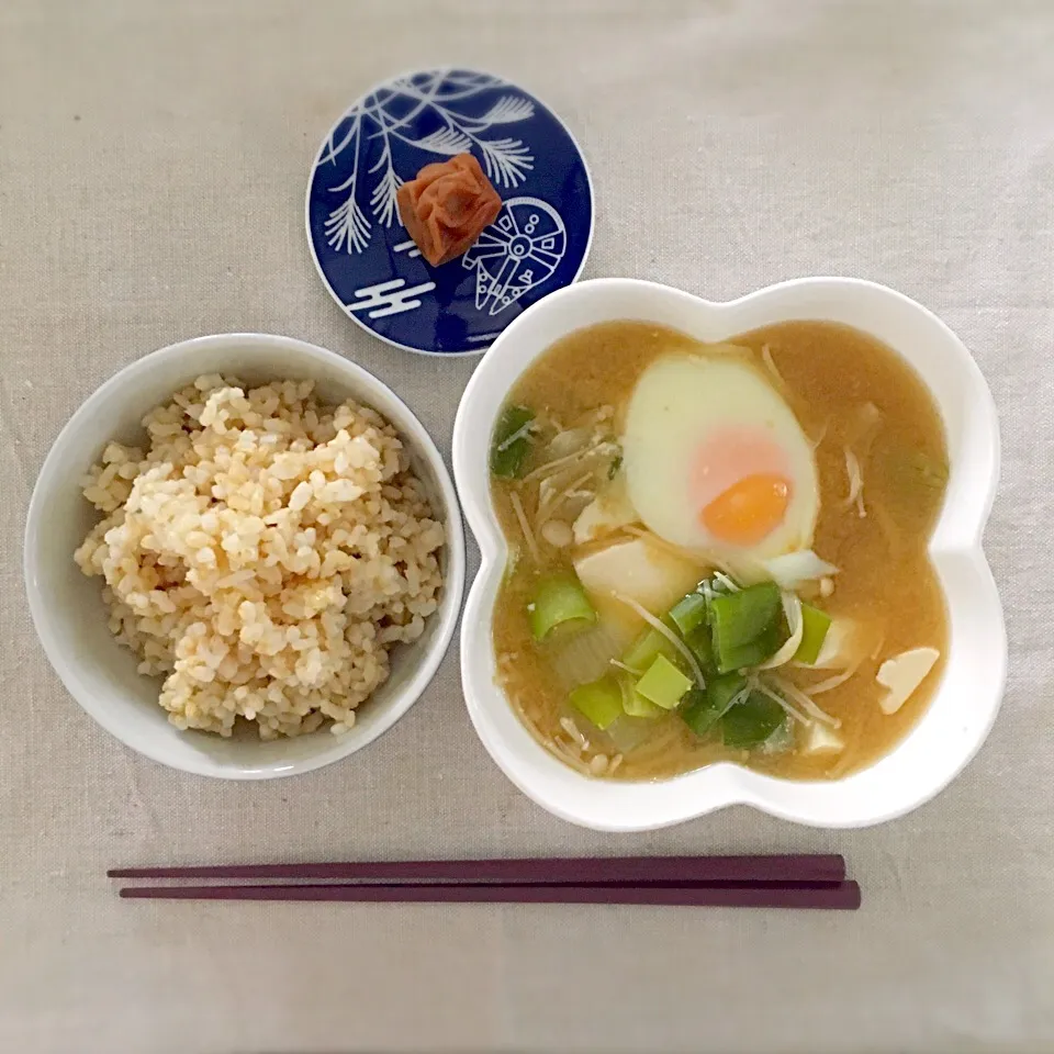 Snapdishの料理写真:朝ごはん、玄米と梅干しと卵入りお味噌汁♬全部大好物|Masakoさん