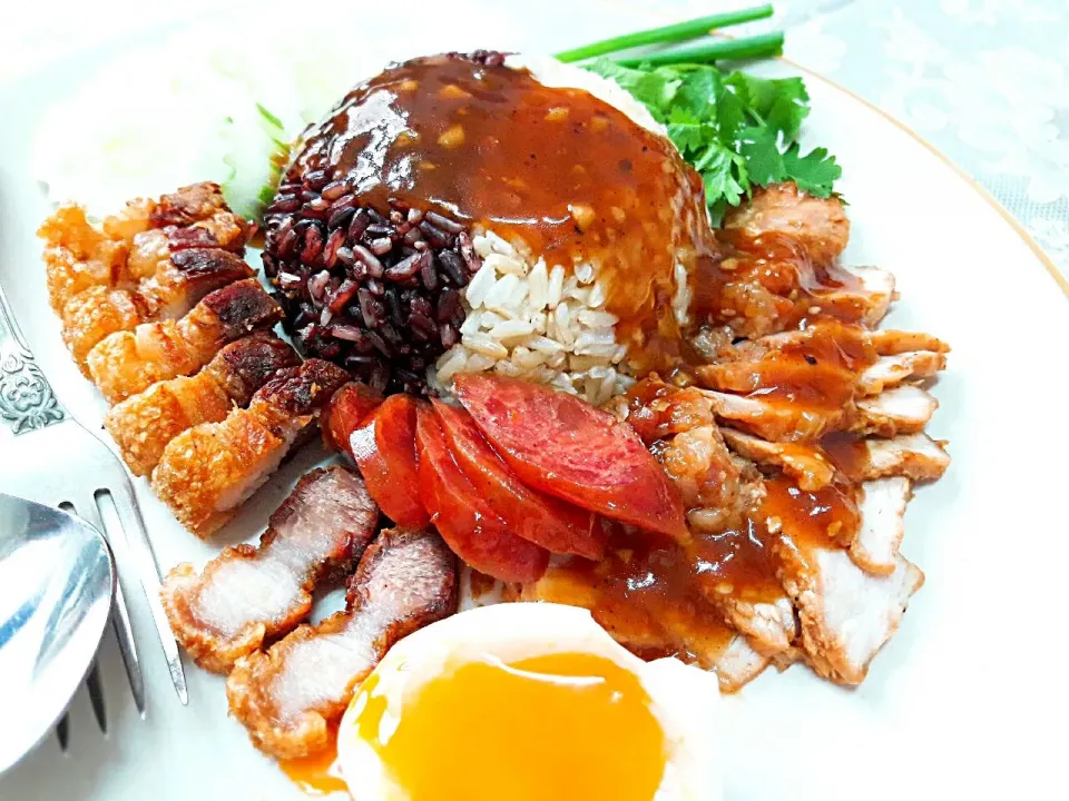 Snapdishの料理写真:My cooked at home...Rice with Grill Pork & Crispy Pork in Sweet Red gravy sauce|challyさん