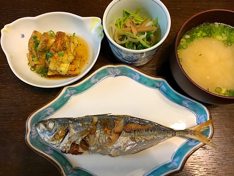 アジの塩焼き
焼き茄子
モヤシと豆苗のナムル
大根の味噌汁|カドラさん