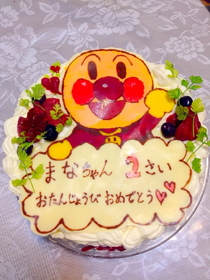 Snapdishの料理写真:娘の誕生日キャラクターケーキ＊アンパンマン|れいちぇるさん