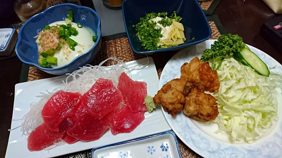 枝豆豆腐&マカロニチーズ&マグロの刺身&唐揚げ|まぐろさん