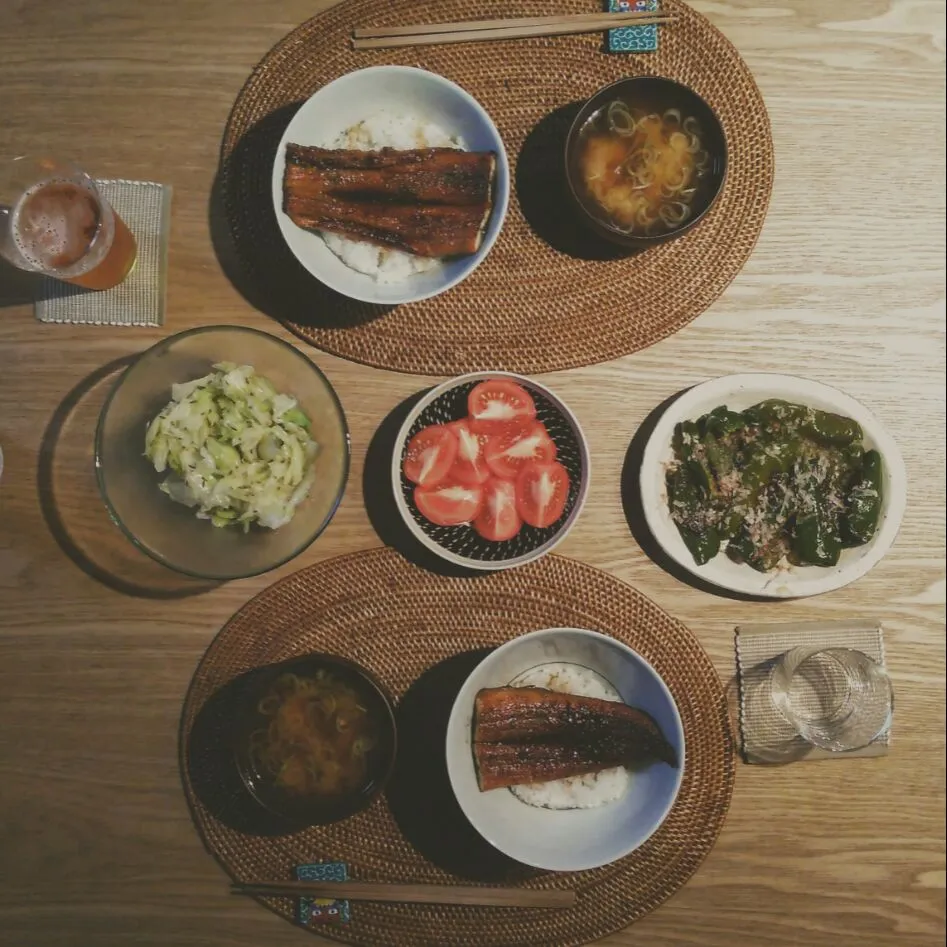 鰻丼、キャベツとクミンのコールスロー、焼きピーマン|maiko kさん