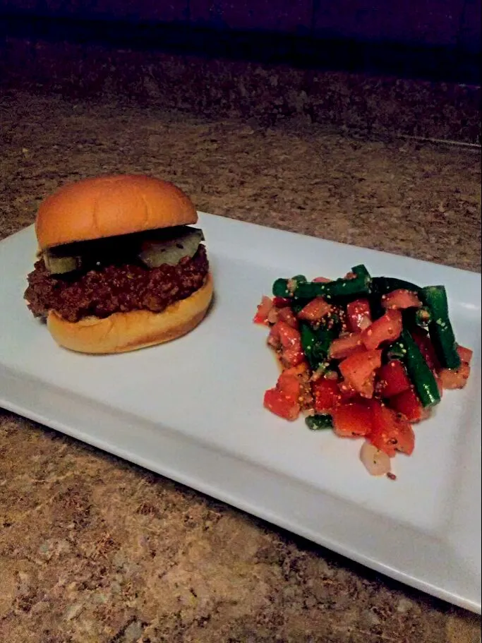 Snapdishの料理写真:BBQ Beef Sandwiches, Sloppy Joe Style. Served with Green Bean and Tomato Salad with Grainy Mustard Vinaigrette|bethさん