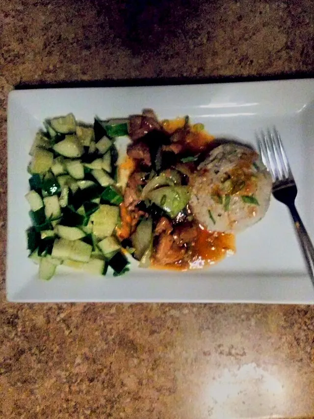 Hoisin Chicken Stir-Fry with Baby Bok Choy, Rice, and Sesame-Ginger Cucumber Salad.|bethさん