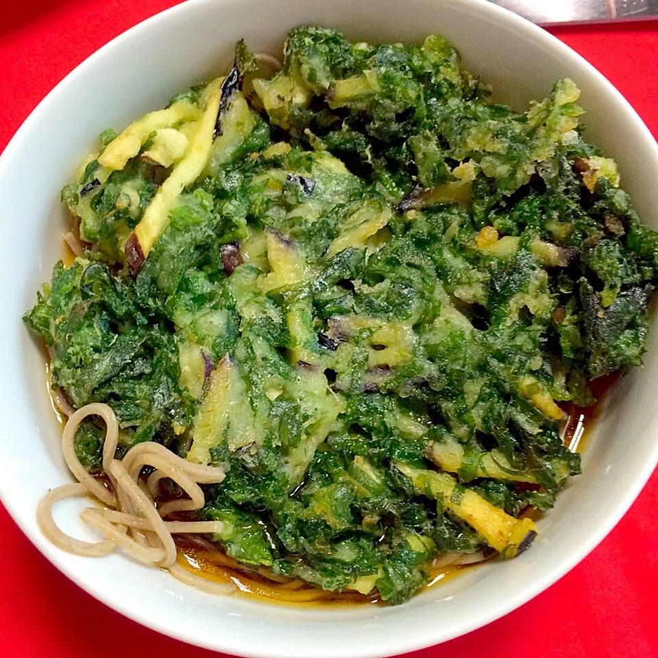 ジャンボかき揚げ蕎麦（笑）畑の青シソとちょっとの茄子を小フライパンで焼き揚げ👍サックサク😄おそばが見えませ〜〜ん（笑）冷たくしていただきました（笑）👍❤️|はみちゃんさん