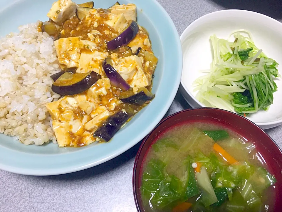 もち麦飯麻婆茄子豆腐丼、みずな漬物、キャベツあまとう人参味噌汁|ms903さん