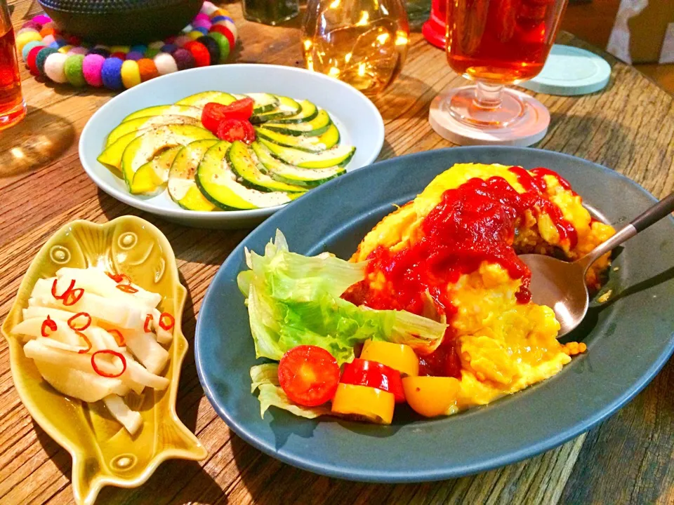 卵とろりんオムライス&大根酢漬け&サラダかぼちゃ定食♪|Nonさん