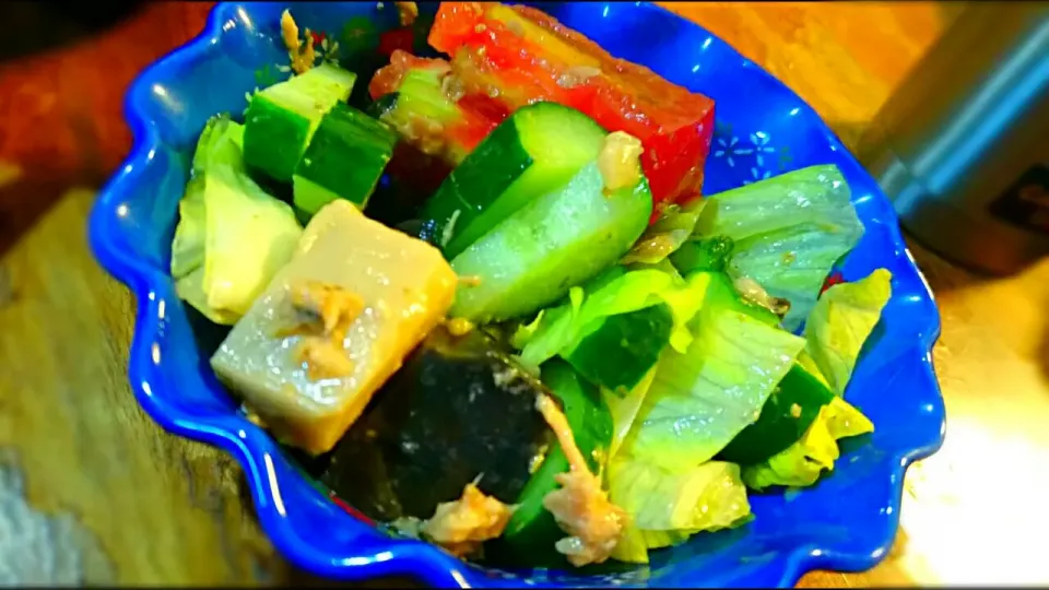 ごま豆腐 の サラダ🍀                         胡瓜、レタス、トマト、ツナ、炒り胡麻、胡麻ドレッシング🍅🌿✨|メイメイda.さん