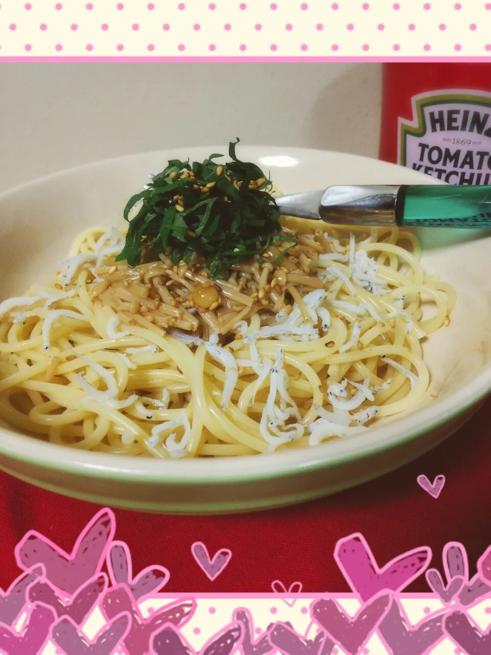 あまねこ🌿ちゃんの手作りなめ茸を使って
釜揚げしらすと大葉の和風パスタ～🎵|☆Yumi☆さん