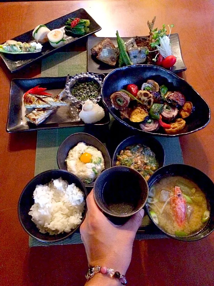 Today's Dinner🍴前菜･秋刀魚3種<塩焼き･唐揚げ･照り焼き>･ｵｸﾗ&大和芋･めかぶ納豆･白飯･冬瓜と海老のお頭お味噌汁|🌈Ami🍻さん