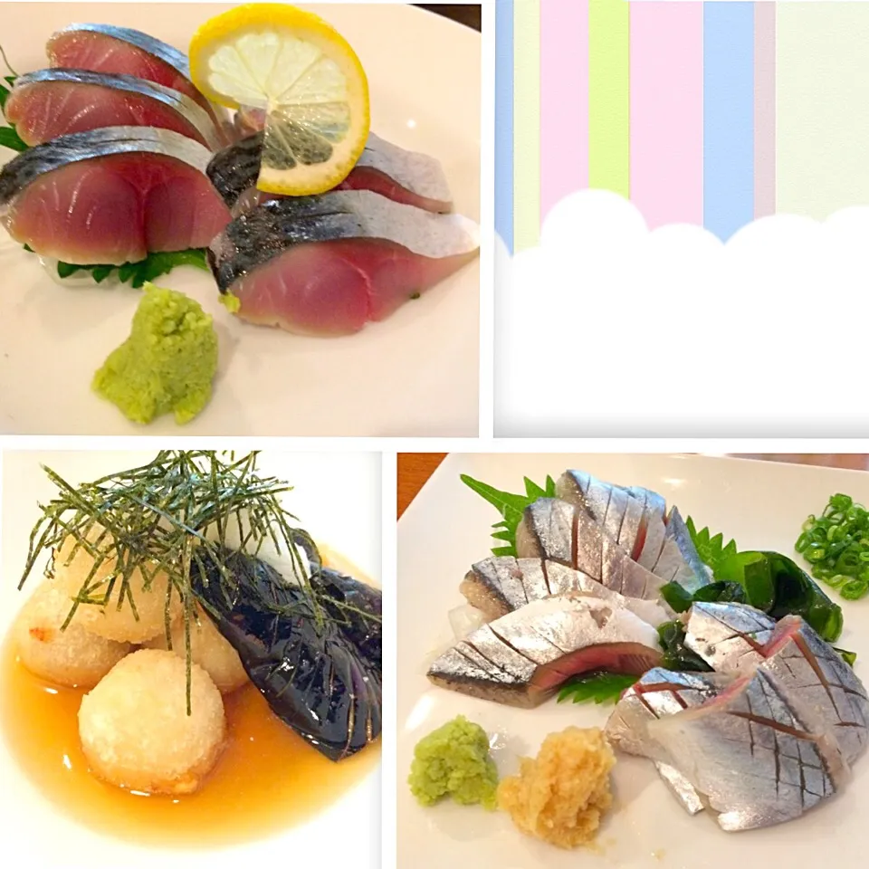 秋の味覚はいいね(^_^)新秋刀魚刺しと〆秋鯖刺しと秋ナスと里芋の揚げ出し お酒は十四代純吟とゆきつばき純米吟醸ひやおろし原酒と作プロトタイプの純米原酒|uchikawa hiroshiさん