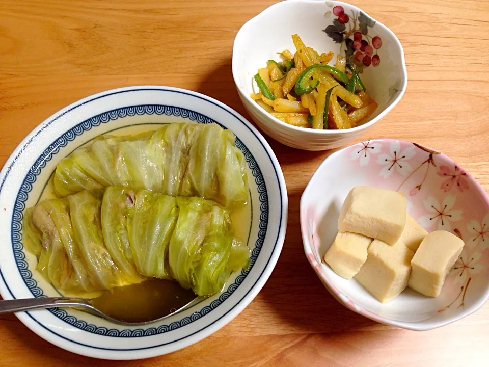 和風ロールキャベツ⭐️じゃが芋とピーマンの金平⭐️高野豆腐|ほなさん