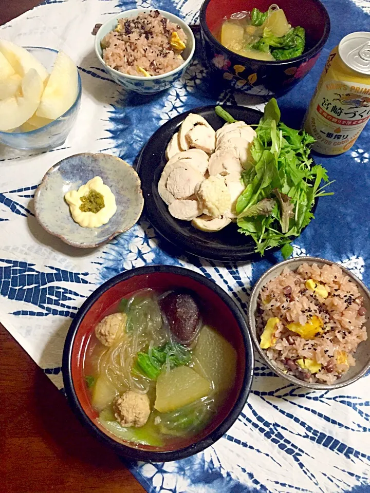 栗お赤飯と冬瓜の肉団子春雨スープで晩御飯9/19(ʘ╻ʘ)|さくたえさん