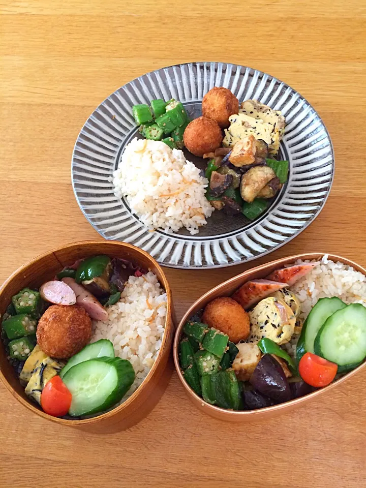 今日はホタテの炊き込みゴハンだよ🤗
おからコロッケ、ピーマンと茄子の味噌炒め、ひじき煮入り卵焼き🎶|5ネコママさん