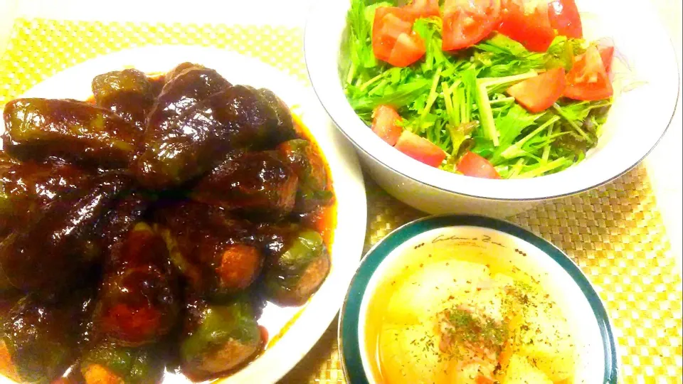 ピーマンの肉詰め定食😋|お母の大皿さん