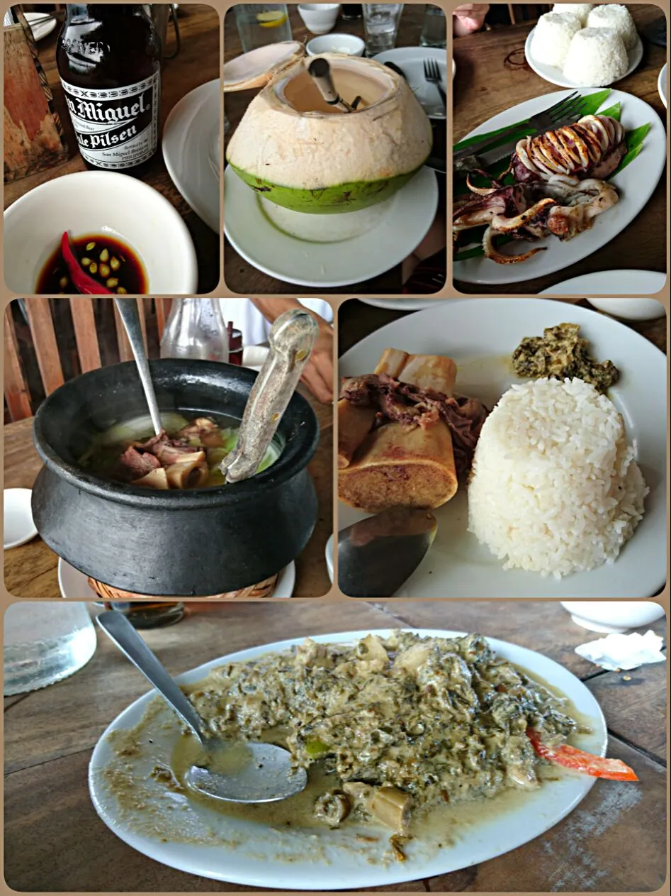 Snapdishの料理写真:09/18 フィリピンでの昼御飯
 SanMiguel pale pilsen
 CoconutsJuice
 Pusit(イカ焼き)
 Bulalo(牛骨スープ)
 laing(何かの野菜のココナッツミルク炒め)|津田 健次 Kenji Tsudaさん