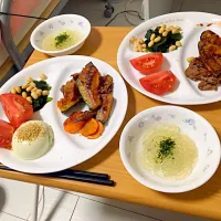 トコロテン、トマト、枝豆豆腐(ゴマのせてあります)、人参とかぼちゃと牛肉のトマトピューレ炒め|ベルさん