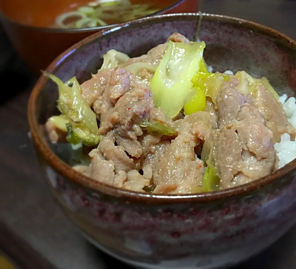 晩ごはん むさしや食品の豚の生姜焼き丼|ぽんたさん