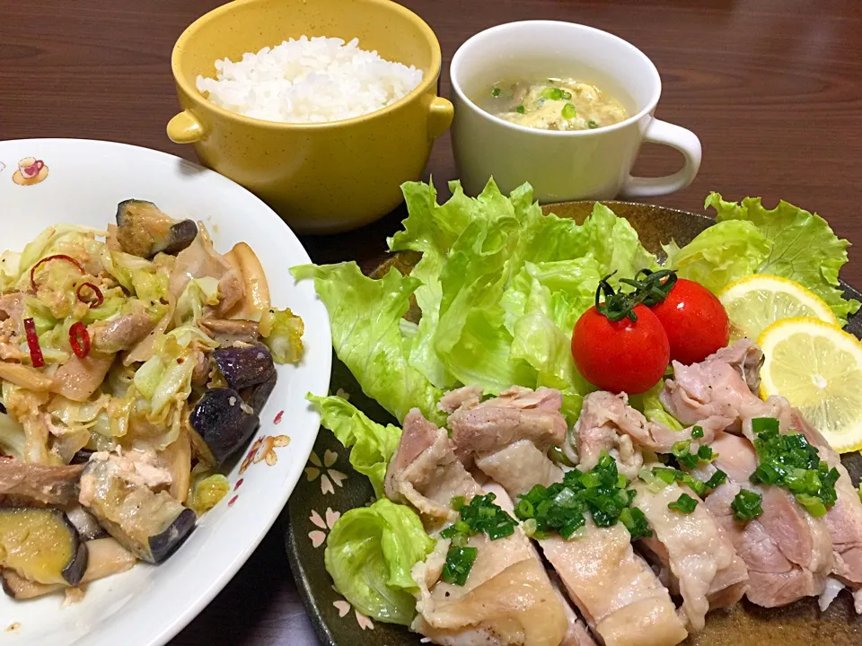 Snapdishの料理写真:ネギ塩チキン
野菜炒め
きのこと卵のスープ
ご飯|mamiさん