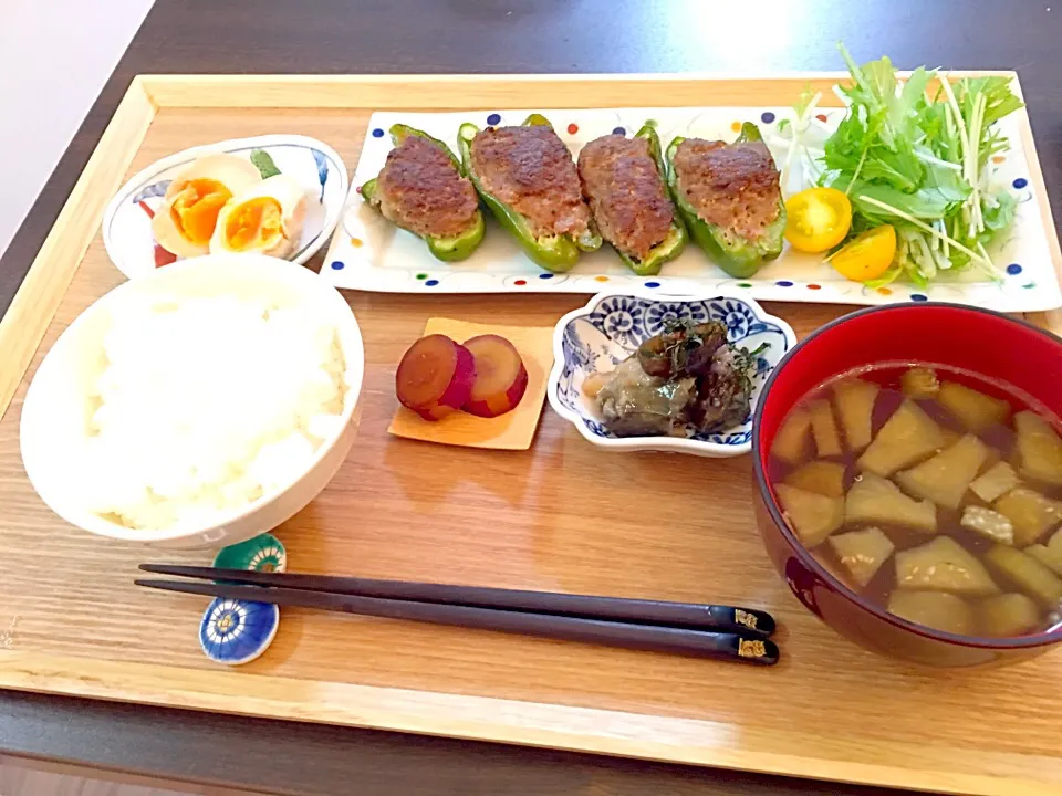 味付き卵   ピーマンの肉詰め  ナス南蛮  さつまいもの甘煮   水ナスのスープ|NAKATAさん