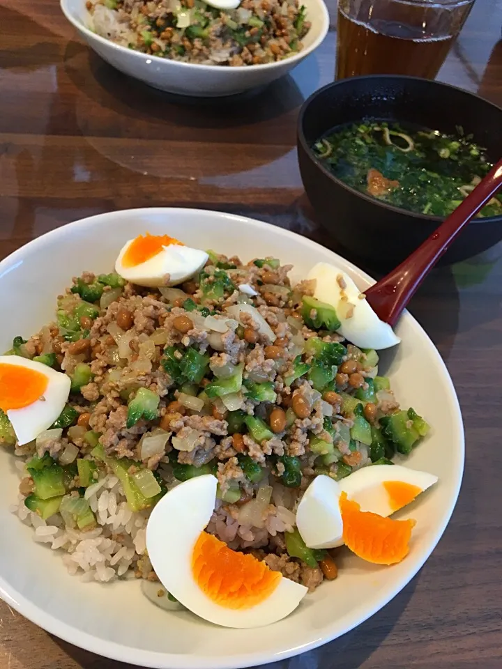 豚ひき肉とゴーヤと納豆炒めのせごはん|おぱさん