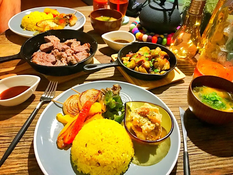 Snapdishの料理写真:ステーキ&サフランライス&グリル野菜&明太ポテサラ&たこポテトのバジル和え定食♪|Nonさん