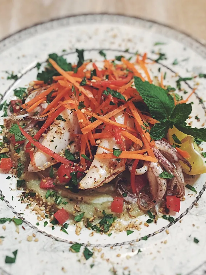 Grilled squid with dukka,baba ghanoush|rick chanさん