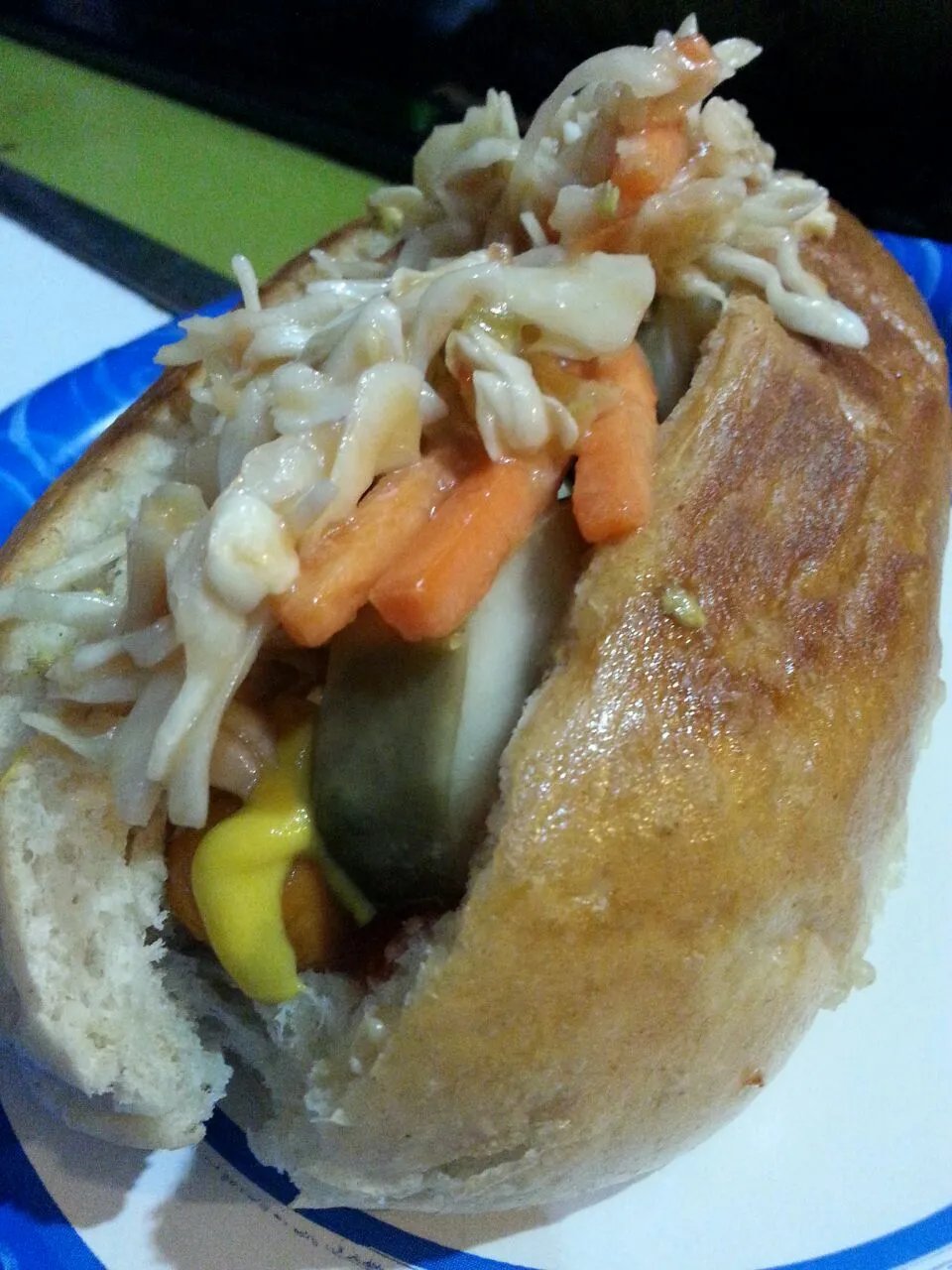 my hotdog with Asian coleslaw,  pickle,  ketchup and mustard.|Polly Gelfusoさん