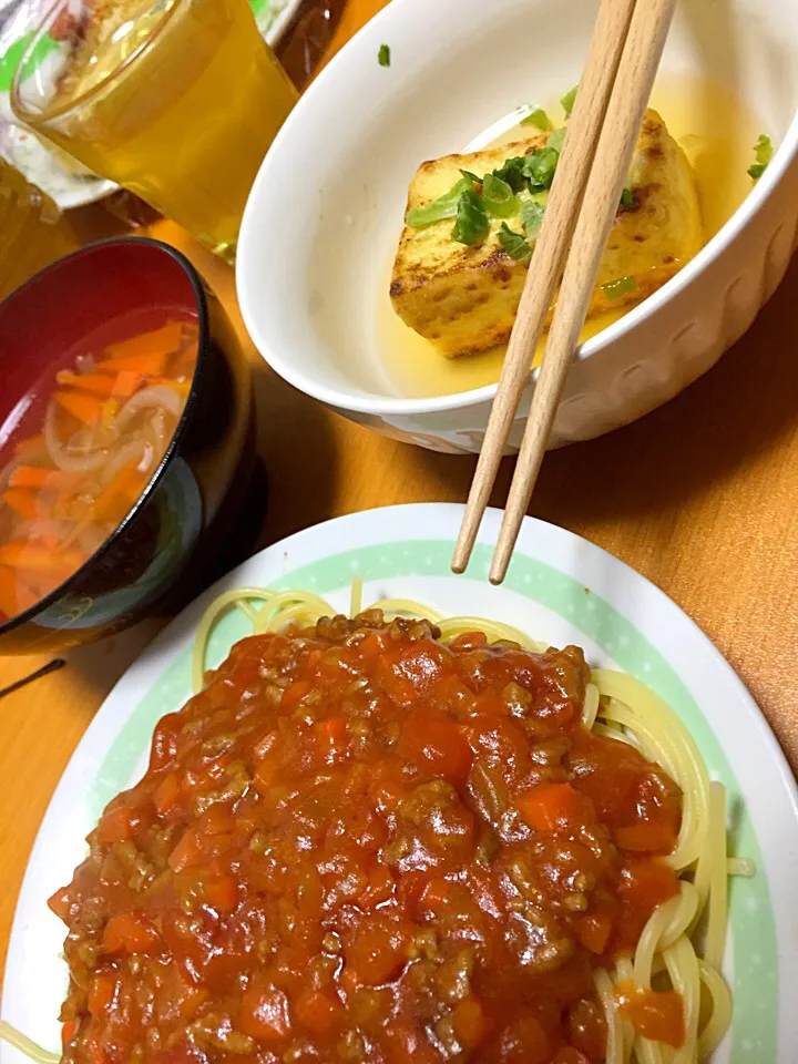 スパゲティ、揚げだし豆腐、スープ❤️
2016.2.22|ゆさん