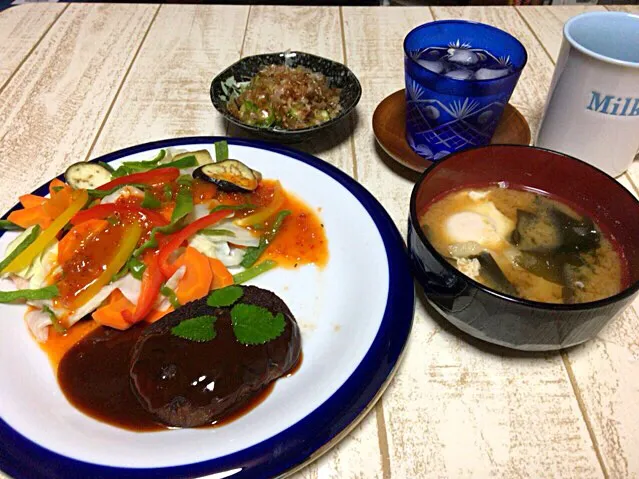 Snapdishの料理写真:今日の男飯(⌒-⌒; )ハンバーグwith蒸し野菜andオクラの和え物and味噌汁in玉子、白緑ゴーヤ、ワカメ、煮干し♫|ひーちゃんさん