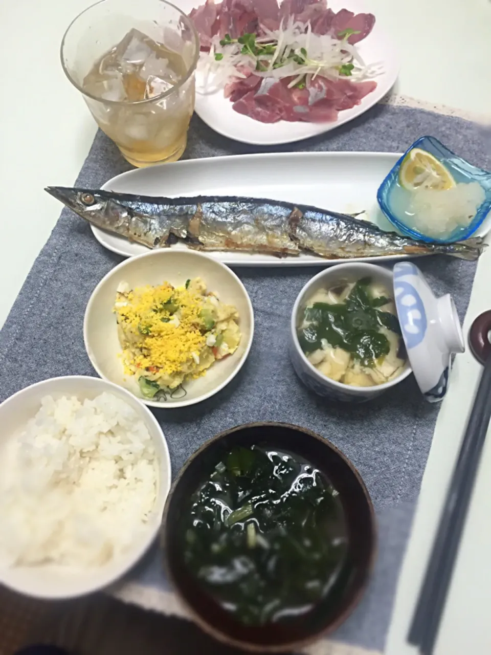 ・秋刀魚 ・ポテトサラダ ・茶碗蒸し・わかめスープ ・お刺身|とうふさん