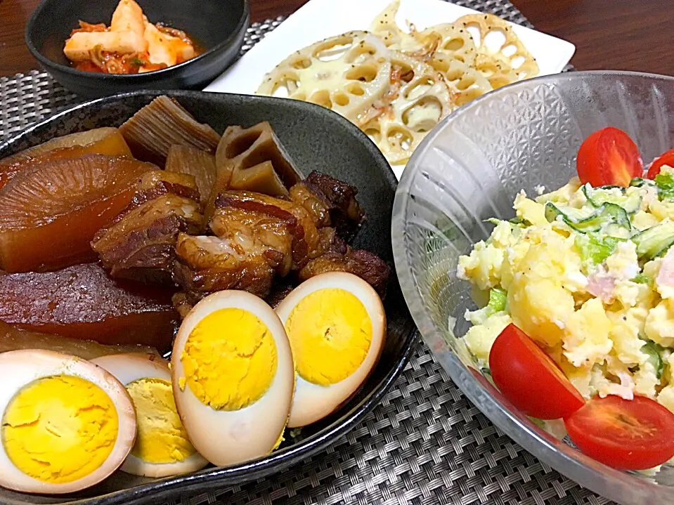 豚の角煮
ポテサラ
レンコンのチーズ焼き
山芋キムチ|みっきーさん