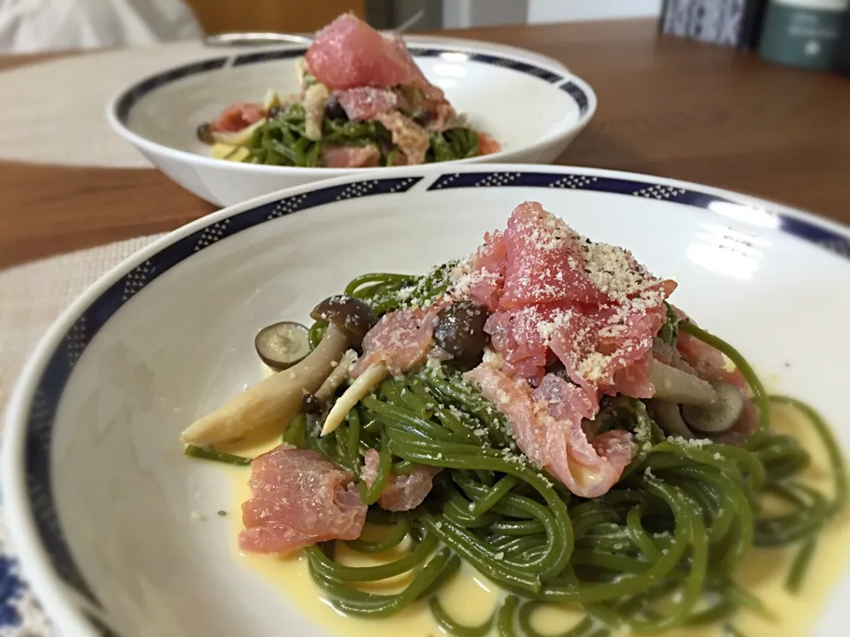 今日のお昼ごはん(◍•ᴗ•◍)
抹茶入生パスタのカルボナーラ|あさこさん